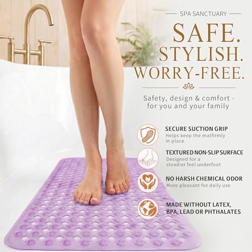 Yimobra Non Slip Bath Mat, Super Strong Suction Cups,35"X16"Long Tub Mat with Drain Holes, Machine Washable Fast Draining Shower Mats, Bathroom Essentials, Clear Purple - Image 4