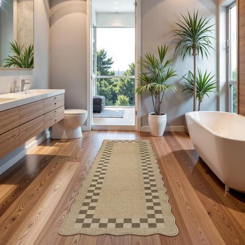 LIVEBOX Easy Jute Checkered Runner Rug for Kitchen, Scalloped Washable 2x6 Tan Rugs for Entryway, Geometric Indoor Outdoor Non Slip Rug Farmhouse Carpet Door Mat Area Rug for Porch Bedroom Hallway - Image 3