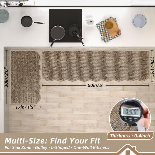 BEQHAUSE Kitchen Rugs Set of 2 Scalloped Edge, 17x30+17x60 in, Taupe - Image 2
