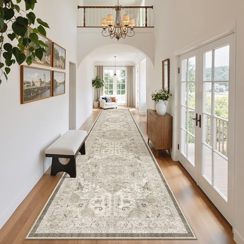 Madane Hallway Runner Rug 2'6''x14' Kitchen Runners Vintage, Ivory/Brown by Madane