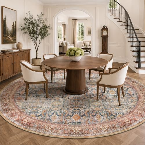 8FT Round Rugs - Washable Vintage Retro Large Area Rug, Soft Ultra Thin Non Slip Low Pile Traditional Distressed Boho Carpet for Bedroom Dining Room Home Office, Rust Clay - Image 4