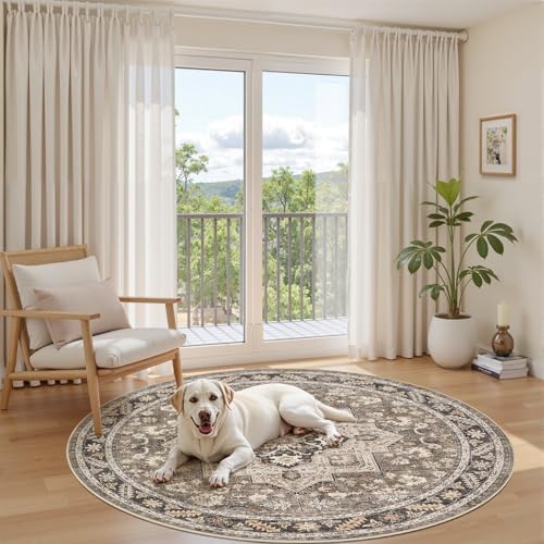 cotiled 6ft Round Living Room Area Rug, Washable, Traditional, Brown - Image 6