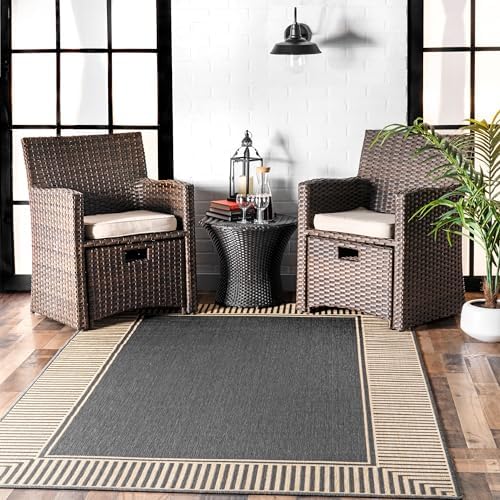 Nuloom Asha Dark Grey/Ivory, 8' Square, Casual, Striped Border, Soft and Cozy, High Traffic, Easy Clean, Durable Area Rug for Indoor/Outdoor Patio, Deck, Porch, Garden, Courtyard by nuLOOM