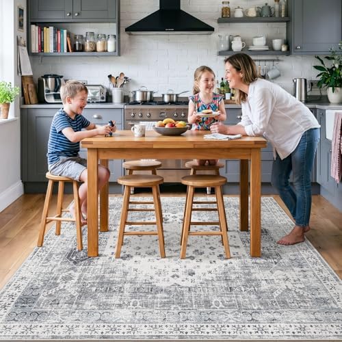 Washable 5x5 Area Rug Square - Vintage Living Room Bedroom Rugs with Non Slip Backing Indoor Durable Low Pile Carpet for Entryway Office Nursery Foldable Home Decor Floor Mat 5x5 Grey - Image 3