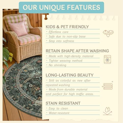 5ft Round Rug for Reading Corner Small Living Room, Soft Ultra Thin Non Slip Floral Circle Area Rug, Machine Washable Forest Green Carpet, Low Pile Floor Mat for Entryway, Home Office (Dark Green) - Image 5