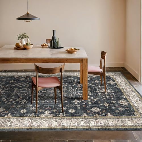 Boho Dining Room Rugs for Under Table - 6x9 Washable Black Area Rug For Living Room, Low Pile Non-Slip Rugs for Bedroom, Office - Charming Farmhouse Decor & Stain Resistance (6x9 Black/Multi) by HazoHaus