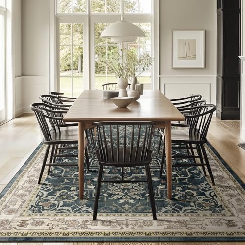 Vintage Distressed 8x10 Rugs for Living Room Bedroom, Washable Non Slip Dining Room Rugs for Under Table, Low Pile Thin Soft Carpet Farmhouse Dark Medallion Printed, Midnight/Multi - Image 3