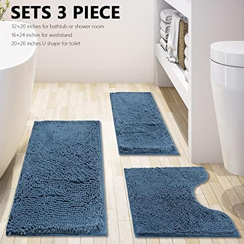 Bathroom Rugs Chenille 3-Piece Extra Soft and Absorbent Shag Bathroom Rugs, Machine Wash Mat, Strong PVC Non-Slip Underside, Plush Carpet Mats (Deep Blue) - Image 3