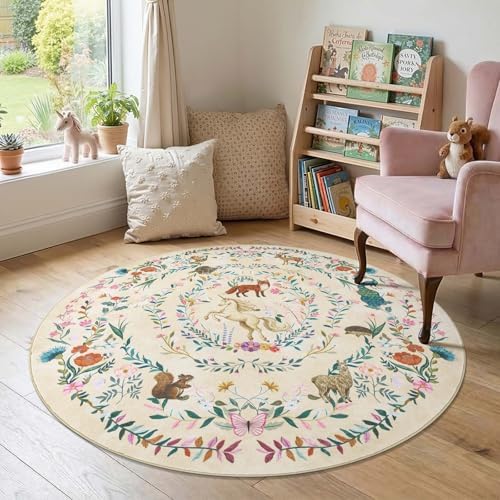 jinchan 5ft Round Kids Rug Washable Whimsical Nursery Playroom Rug, Cream - Image 3