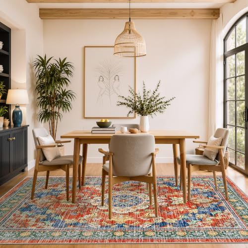5x7 Area Rugs for Living Room, Boho Washable Non Slip Carpets, Retro Red - Image 3