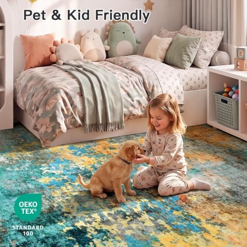 8x10 Area Rug for Living Room, Abstract Washable Large Rugs, Teal/Orange - Image 5