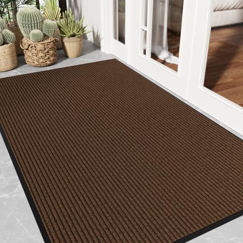 Front Door Mat 3' x 5', Dirt Trapper Dog Door Mat for Mud Wet Shoes & Paws, Low Profile Heavy Duty Indoor Outdoor Mats, Absorbent and Fade Resistant, Non-Slip Commercial Floor Mat, Brown by EZ2LIVE