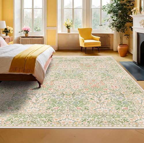 Vintage Washable Beige Green 10x12 Rug for Living Room - Extra Large Area Rug for Dining Room Under Table, Soft Low Pile Carpet for Bedroom - Botanical Forest Floral Design - Image 3
