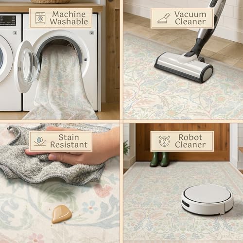 Soft Washable Runner Rug 2x6 Non Slip for Girls Bedroom, Laundry Room Rug, Kitchen, Bathroom, Floral Light Pink and Blue Stain Resistant Floor Runner Carpet Low Pile with Rubber Backing - Image 4