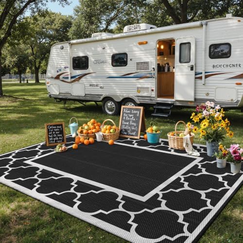 GENIMO Outdoor Rug, Waterproof Plastic Rugs for Patio, 8'x10' Black White - Image 3