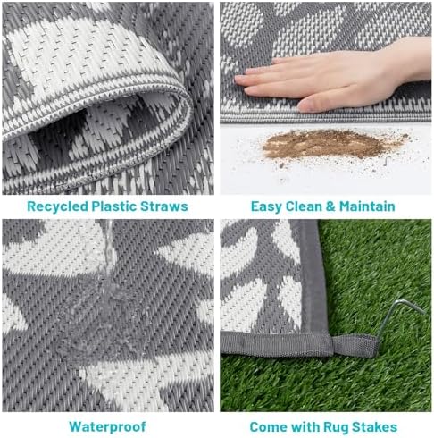 HEBE Waterproof Outdoor Rug 5'x8', Floral Reversible Plastic Patio Rug - Image 4