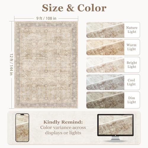 Vintage Neutral Large Area Rugs 9x12 for Living Room, Earth Tone Beige Taupe Big Room Carpet Rug for Bedroom Dining Room, Washable Rug with Rubber Backing Low Pile Thin Soft for Family Room - Image 2