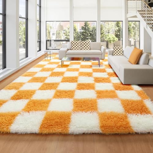 KICMOR 8x10 Area Rugs for Living Room, Large Soft Fluffy Checkered Big Fuzzy Shag Shaggy Carpet for Bedroom, Orange and Cream White Plush Rug for Kids Boys Girls Dorm Nursery Home Decor Aesthetic by KICMOR