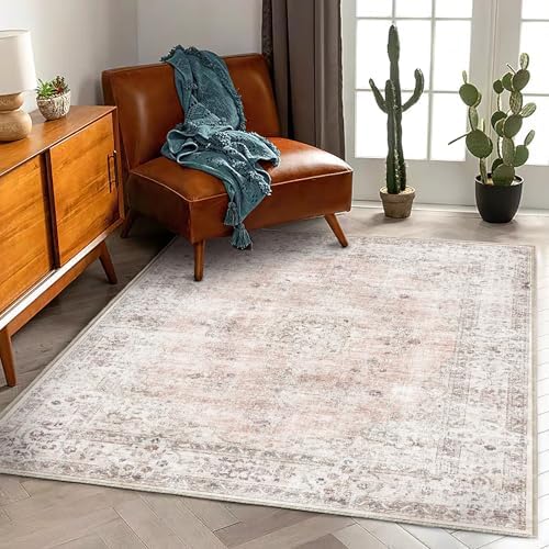 CHAMPLANT Washable Area Rug 4'x6' Vintage Traditional Floor Cover Foldable Thin Rugs Retro Kitchen Indoor Distressed Non Slip Carpet Floral Print Mat Bedroom Living Room by CHAMPLANT