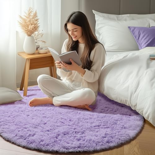 Light Purple Fluffy Round Rug Circle Area Rugs 4ft for Girls Kids Bedroom - Image 6