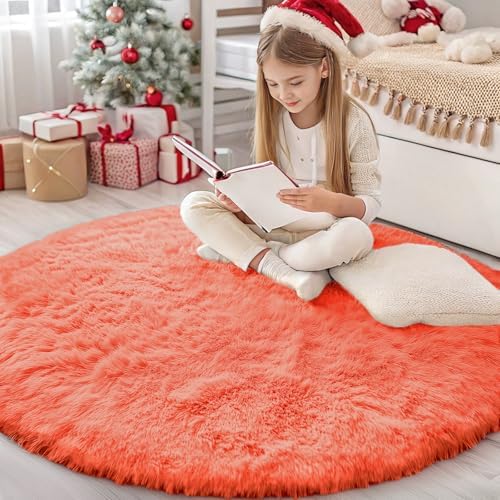 OLANLY Coral Red Round Rugs for Bedroom - Machine Washable, 4 ft Circle Area Rugs for Living Room, Soft and Fluffy Shaggy Carpet for Teen Girl and Boys, Nursery Rooms, Dorms, Home Decor Aesthetic by OLANLY