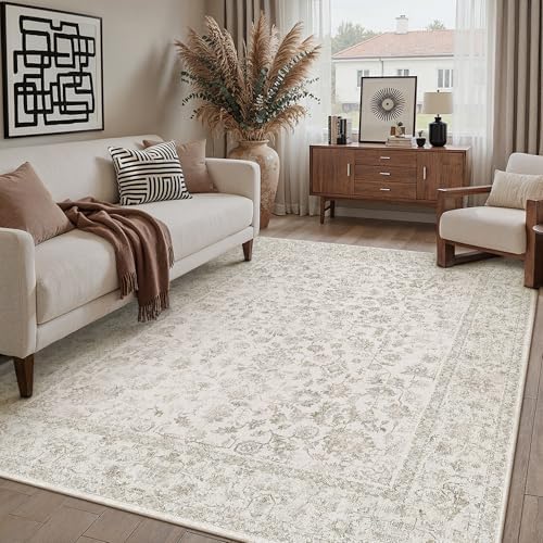 PureCozy 6x9 Beige White Area Rug Washable Non Slip Living Room Carpet by PureCozy