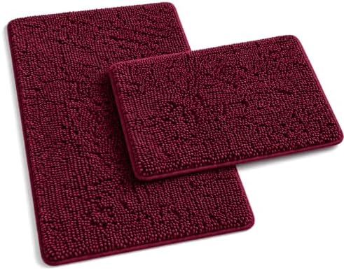 RUN HELIX Bathroom Rugs Sets 2 Piece, Luxury Shaggy Extra Thick Bathroom Rugs, Plush Non-Slip Mats for Bath Room Floor, Machine Wash, Ultra Absorbent, 32 x 20 + 24 x 16 Inches, Burgundy by RUNHELIX