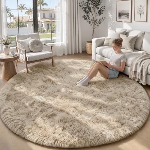 TENGTENGLINK 6ft Round Shag Area Rug Living Room Bedroom Washable Camel by TENGTENGLINK