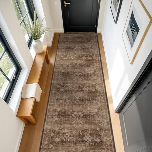 Brown Washable Long Runners for Hallways, 3x8 Wide Kitchen Runner Rug, Entryway Indoor Rug, Non Slip Rubber Backing Boho Vintage Dark Floor Decor - Image 3