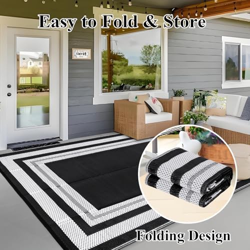 GAOMON Waterproof Plastic Straw Rug 9x12 Outdoor Rug for Patios Modern Bordered Lightweight Carpet Reversible Mat for Backyard Pool Deck Picnic Patio Porch RV Beach Trailer Camping Border-Black/White - Image 6