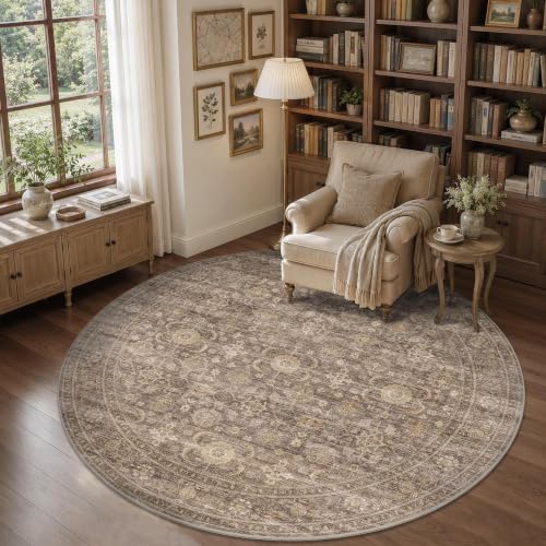 JOOJA 6x6 Tan Vintage Soft Low Pile Washable Boho Round Living Room Rug - Image 4
