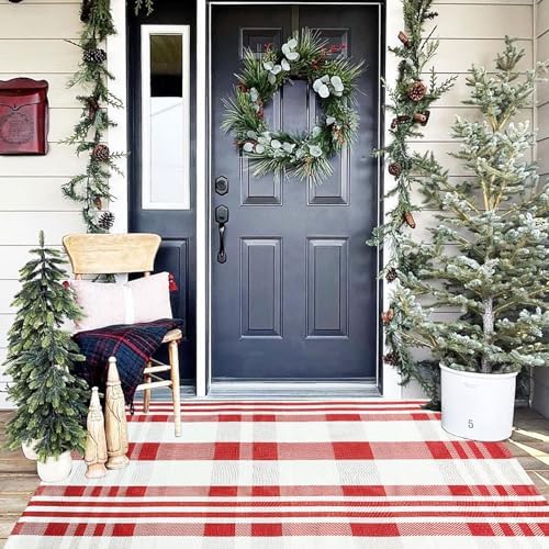Christmas Plaid Outdoor Rug, 3' x 5' Red&White Check Indoor/Outdoor Area Rug, Layering Rug for Hello/Welcome Door Mat, Machine Washable Cotton Woven Rug for Farmhouse Front Porch, Entryway - Image 3