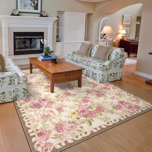 Washable 5x8 Area Rug, Cream Boho Floral Non-Slip for Living Room, Bedroom by GERUIMO