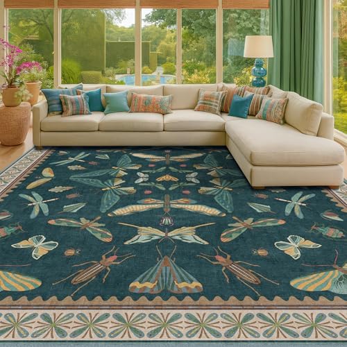 Insect Print Washable 8x10 Living Room Rug - Bugs, Butterfly, Bees, Moths Patterned Area Rugs for Bedroom, Dining Room Under Table, Kids Room, Home Office, Washable Non Slip Fade Resistant Low Pile by HazoHaus