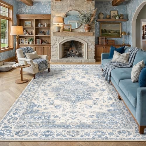 PureCozy Blue Area Rug 6x9 Vintage Oriental Medallion Non-Slip Carpet by PureCozy