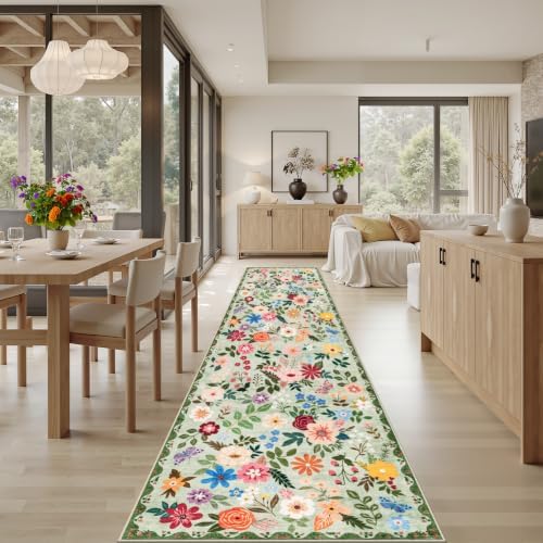 PLHXFR 2.6x14 Washable Runner Rug：Floral Indoor Kitchen Soft Carpet Green - Image 4