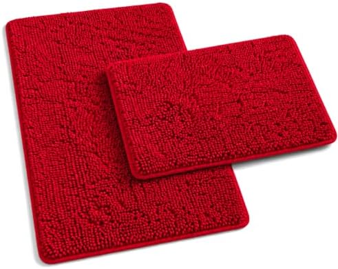 RUN HELIX Bathroom Rugs, Chenille Bath Mat, Non-Slip, Machine Washable Bath Rugs - Ultra Soft Bath Mats, Dries Quickly, Bathroom Rug Set of 2 Red Batroom Mats Set-32x20+24x16 Inch Christmas Rug by RUNHELIX