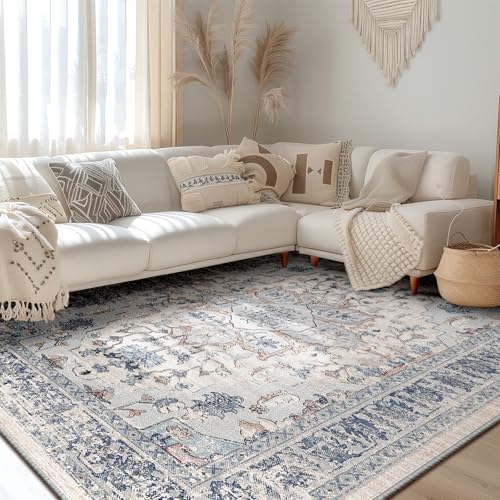 BESTSWEETIE Washable Boho 6x9 Area Rug, No Pile for Living Room, Beige Blue - Image 2