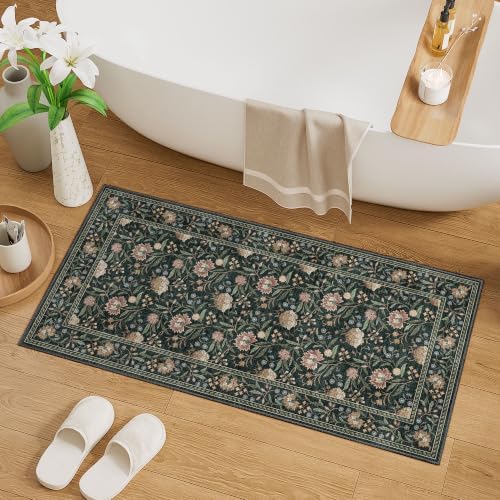 DUKINO 2x4 Rug, Washable Vintage Floral Entryway Rug Non Slip, Dark Green - Image 3