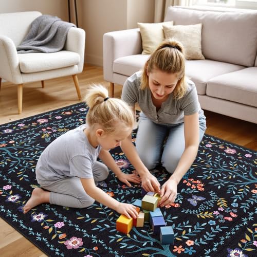 4x5 Area Rug Washable Vintage: Non Slip Entryway Floor Carpet Black Blue by Ksrau