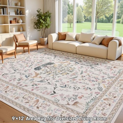 RCTJHOME 9x12 Beige Floral Nursery Kids Washable Area Rug Non-Slip Carpet - Image 4