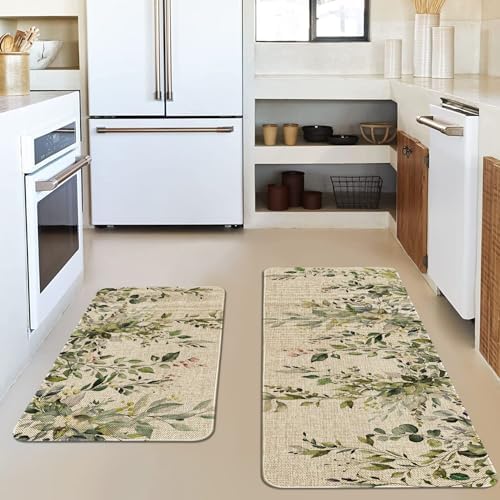 Sage Green Eucalyptus Spring Kitchen Rugs Sets of 2 Non Slip Washable, Botanical Leaves Summer Spring Kitchen Mats for Floor 2 Piece Home Decor - Image 2