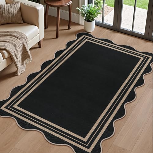 Scalloped Easy Jute 3x5 Front Door Mat, Washable Rugs for Entryway Black Outdoor Patio Rug, Farmhouse Neutral Non Slip Indoor Carpet for Porch Backyard by LORWER