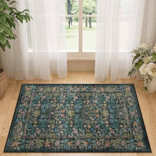 DUKINO 2x3 Entryway Rug, Washable Vintage Floral Area Rug, Blue - Image 5