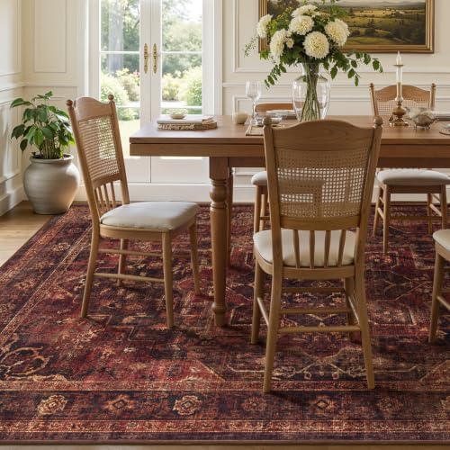 Washable Area Rug 10'x14' Living Room, Vintage Medallion, Dark Red - Image 4