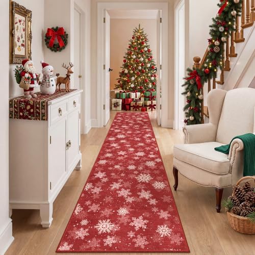 2x10 Runner Rugs for Living Room, Long Washable Christmas Hallway Rugs, Non-Slip Snowflake Bathroom Rug Runner, Soft Red and White Christmas Decor Indoor(2'x10', Red/White) - Image 3