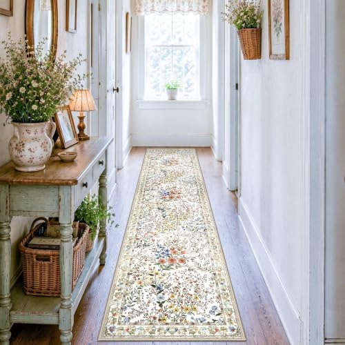 Washable Hallway Runner Rug 2x8: Vintage Floral Rug for High Traffic Hallways - Machine Washable Non Slip Low Pile Carpet - Soft Foldable Runner for Family Entryways - 2'x8' Beige by YOUFORTONG