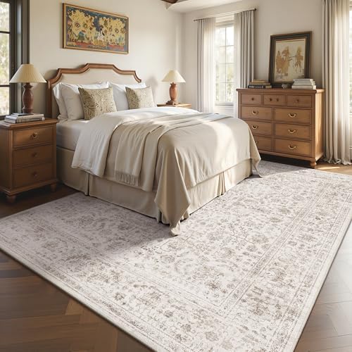 6x9 Area Rugs, Washable Vintage Retro Floral Rug for Living Room, Low Pile Non Slip Distressed Large Carpet for Bedroom, Dining Room, Office, Home (Light Brown) - Image 3