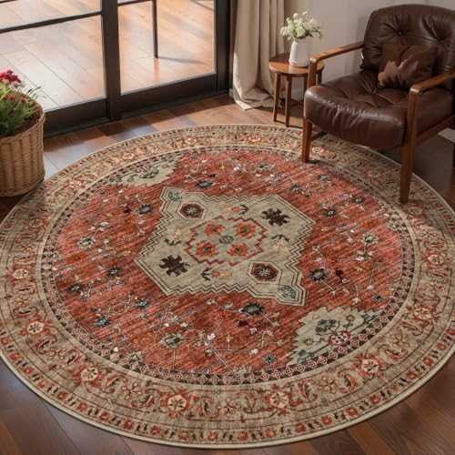 Tangsoo Boho Round Rug 4ft, Washable Non Slip Small Circle Rug Terracotta by Tangsoo