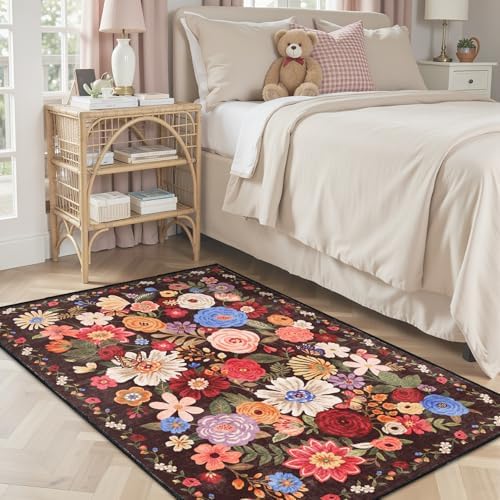 Floral Machine Washable Rug 3x5 Espresso (Black Brown) by WelcometoBabovid